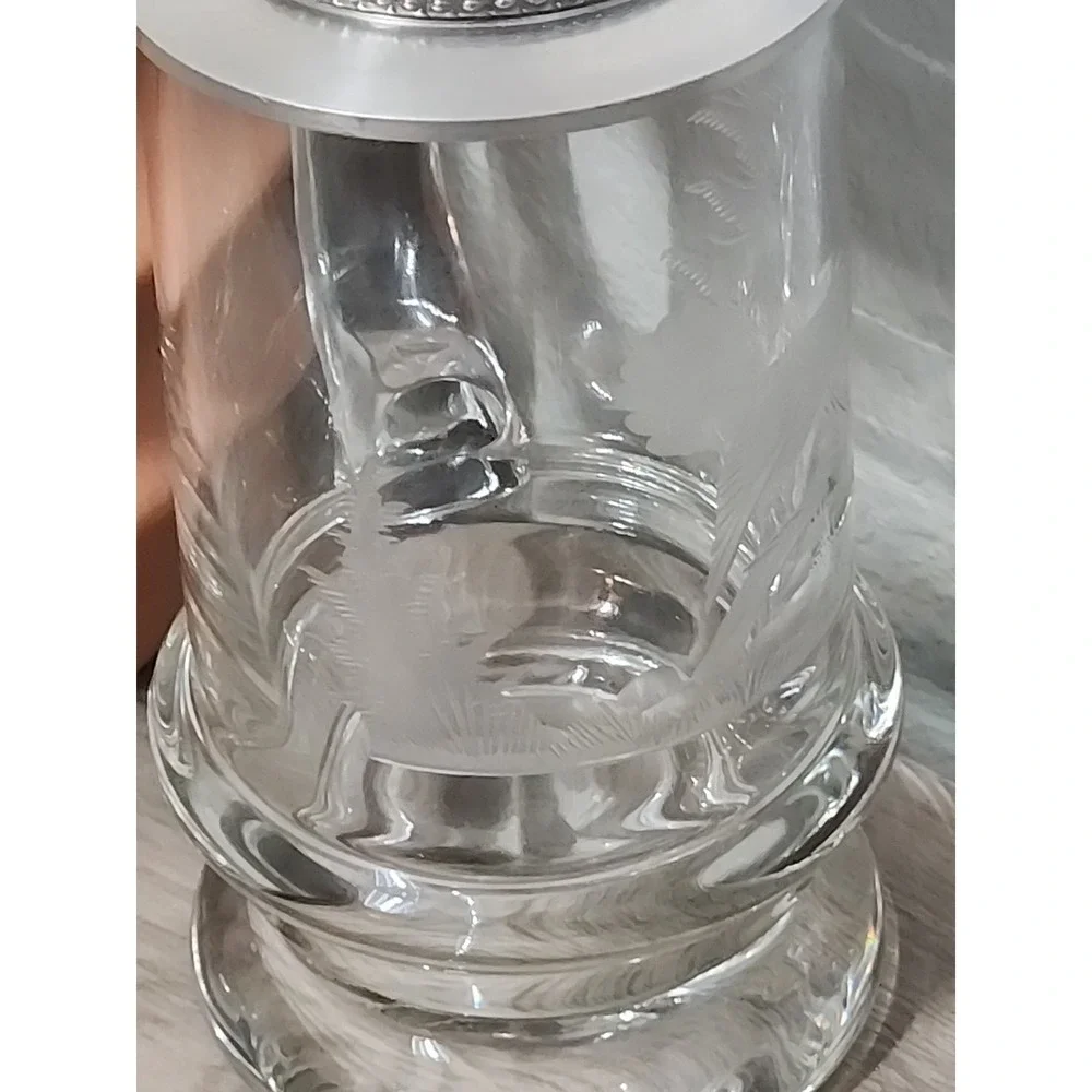 Vtg  Etched Crystal German Beer Mug Tankard Stein Glass Pheasant Pewter Lid 6.5